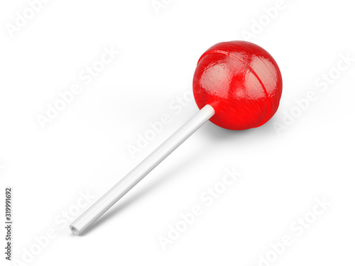 Fotografia Red sweet lollipop - round candy on white stick isolated on white
