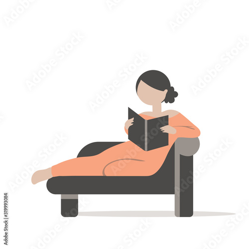 Vector abstract young woman reading book. Girl with brown hair on a couch.