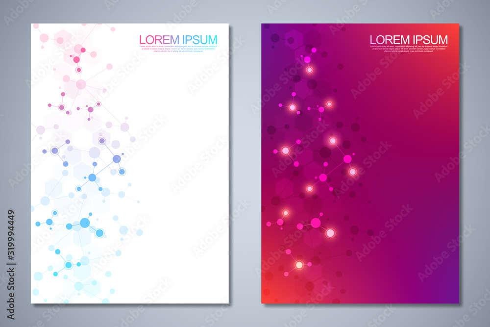Fototapeta premium Vector template brochures or cover design, book, flyer, with molecules background and neural network. Abstract geometric background of connected lines and dots. Science and technology concept.