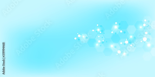 Abstract background of molecules. Molecular structures or DNA strand, genetic engineering, neural network, innovation technology, scientific research. Technological, science and medicine concept.