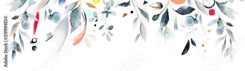  watercolor floral illustration, Leaf and buds. Botanic composition for wedding or greeting card. Border, branch of wild herbs - with abstract