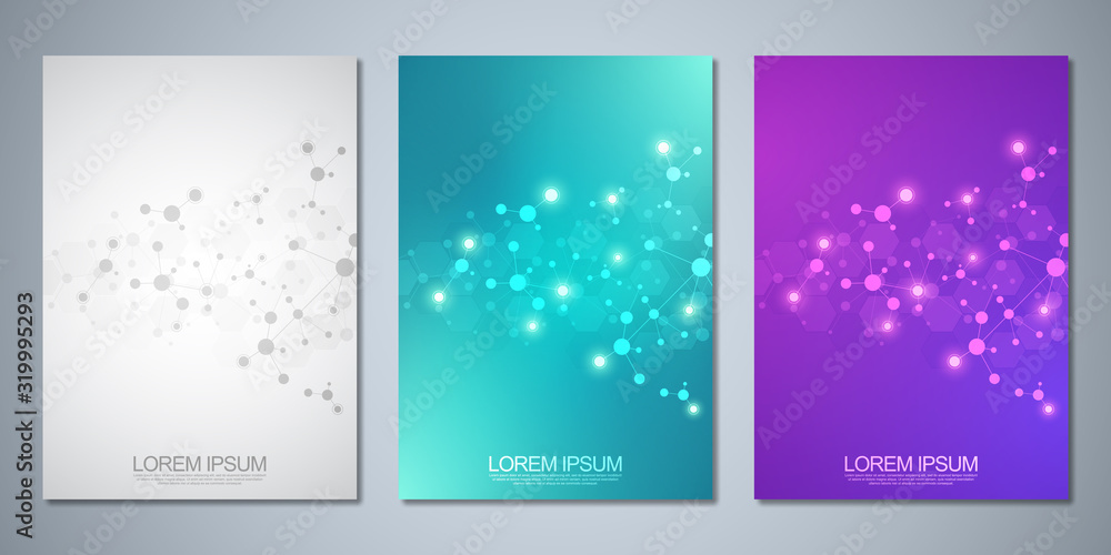 Vector template brochures or cover design, book, flyer, with molecules background and neural network. Abstract geometric background of connected lines and dots. Science and technology concept.