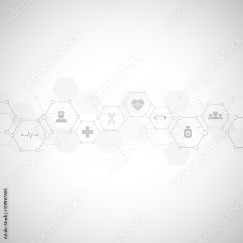 Abstract medical background with flat icons and symbols. Template design with concept and idea for healthcare technology, innovation medicine, health, science and research.