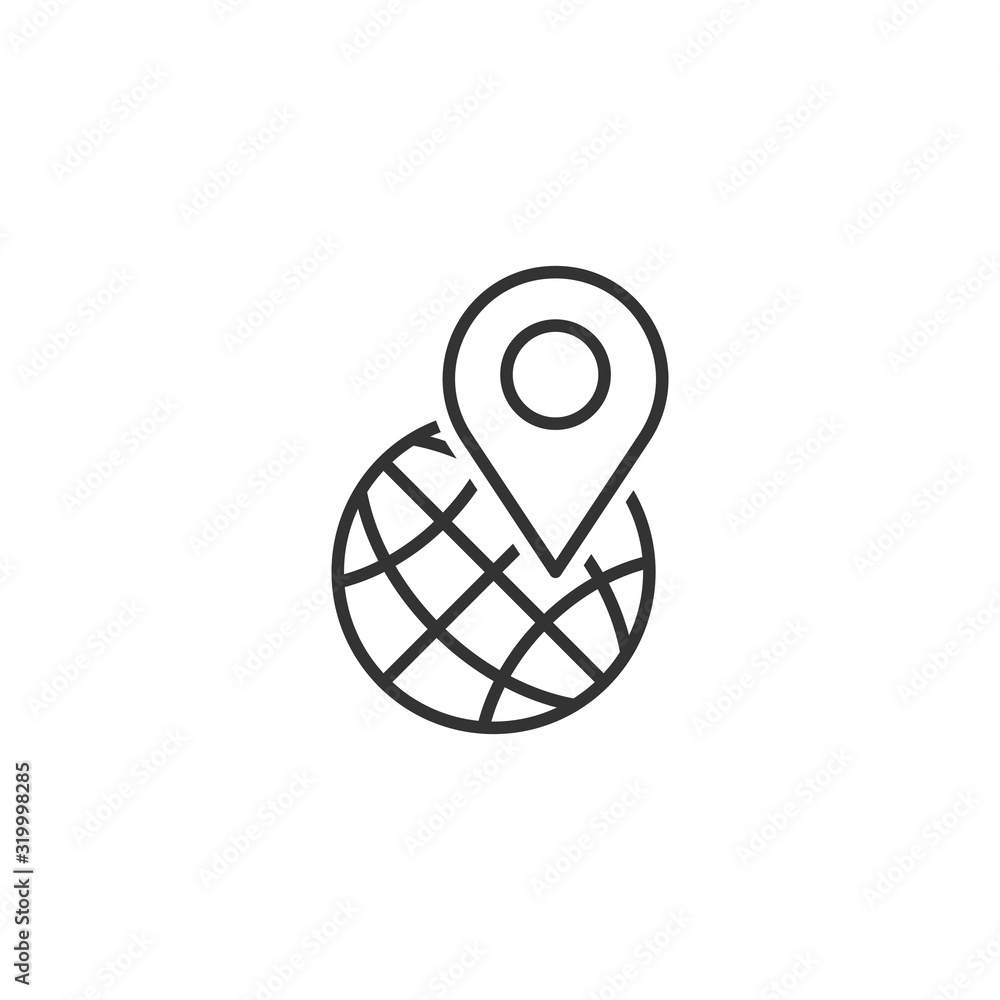 Global navigation icon in flat style. Globe pin gps vector illustration on white isolated background. Planet direction business concept. Global navigation icon in flat style. Globe pin gps vector illustration on white isolated background. Planet direction business concept.