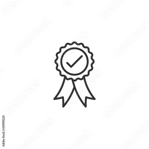 Winner with check mark icon in flat style. Rosette award vector illustration on white isolated background. Medal business concept.