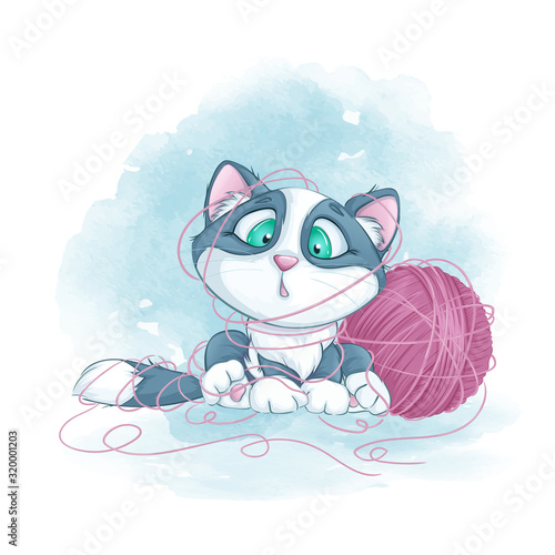 Little cute kitten tangled in a ball of yarn. Vector cartoon children character on a watercolor background.