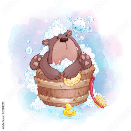 Cute little bear bathes in a wooden bath and plays with soap bubbles. Vector children's cartoon character on a watercolor background.