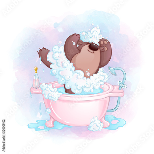 Teddy bear girl ballerina with clothes from soapy foam in the bath. Fun bathing baby. Vector cartoon character and watercolor background.