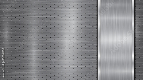 Background in silver and gray colors, consisting of a perforated metallic surface with holes and one vertical polished plate located on right side, with a metal texture, glares and shiny edges