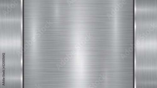 Background in silver and gray colors, consisting of a shiny metallic surface and two vertical polished plates located left and right, with a metal texture, glares and burnished edges