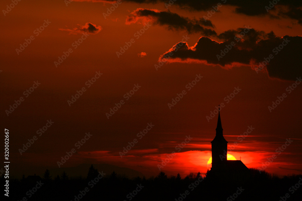 silhouette of the church at sunset