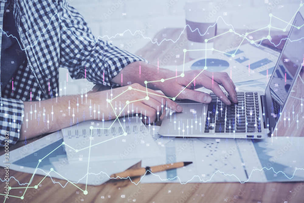Multi exposure of stock market chart with man working on computer on background. Concept of financial analysis. Multi exposure of stock market chart with man working on computer on background. Concept of financial analysis.