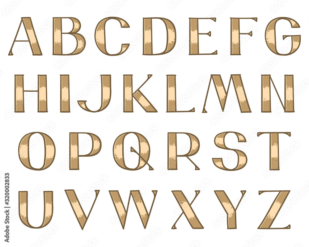 Wide decorative hand-drawn type. Capital Latin letters with a shiny texture and darker outlines.