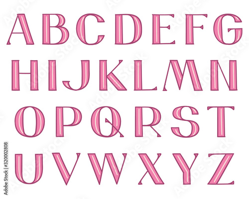 Wide decorative hand-drawn type with outlines. Capital Latin letters with inline strokes, in pink colors.