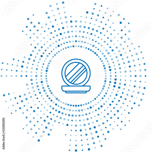 Blue line Makeup powder with mirror icon isolated on white background. Abstract circle random dots. Vector Illustration