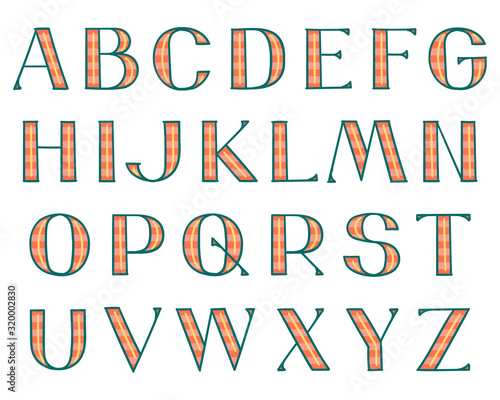 Wide decorative hand-drawn type. Capital Latin letters with inline stroke, stripes pattern, and outlines.