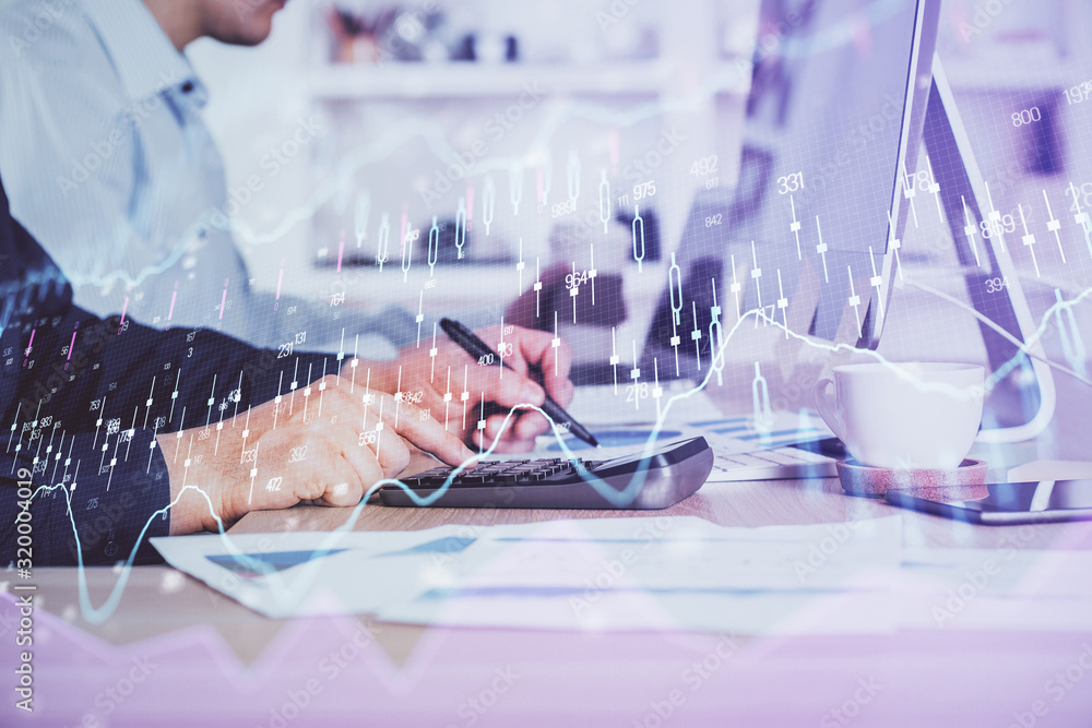 Forex graph with businessman working on computer in office on background. Concept of hardworking. Closeup. Multi exposure. Forex graph with businessman working on computer in office on background. Concept of hardworking. Closeup. Multi exposure.