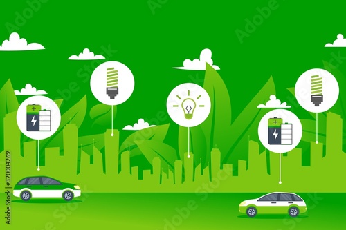 Green power environment city, electric car and modern energy technologies concept vector illustration. Global environment awareness campaign, electric transport Earth ecology, green energy city icons