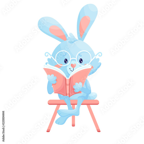 Clever blue bunny rabbit reading book. Vector Illustration.