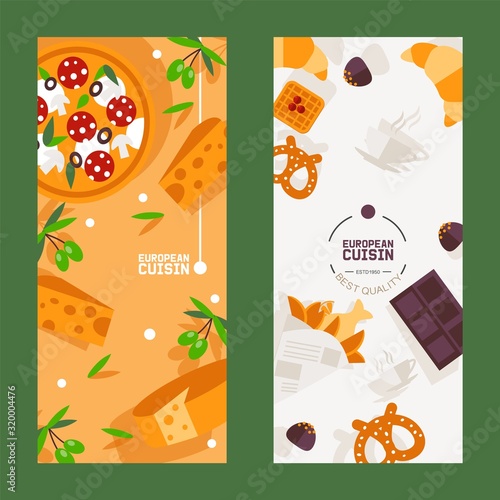 European cuisine restaurant menu banner vector illustration. Cafe advertisement promotion flyer, pizzeria invitation, traditional European fast food restaurant. Lunch menu cover template special offer