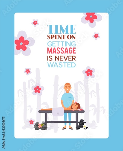 Massage salon typographic poster, cartoon characters vector illustration. Professional healthcare treatment and relaxing procedure, smiling masseur. Simple flat style card, massage salon invitation
