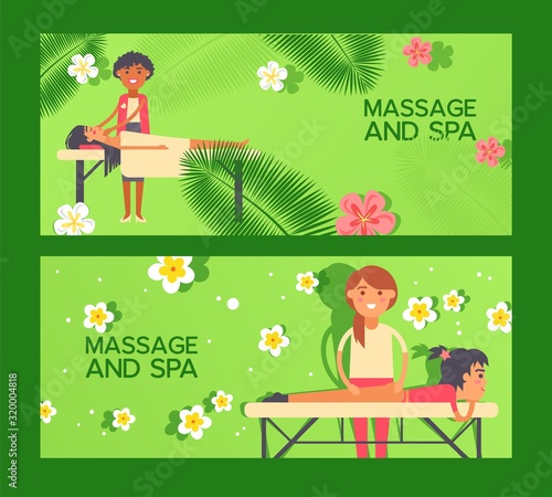 Massage at spa salon, healthcare treatment banner vector illustration. Relaxing body care procedure, professional masseuse cartoon character. Spa center invitation massage therapy advertisement banner