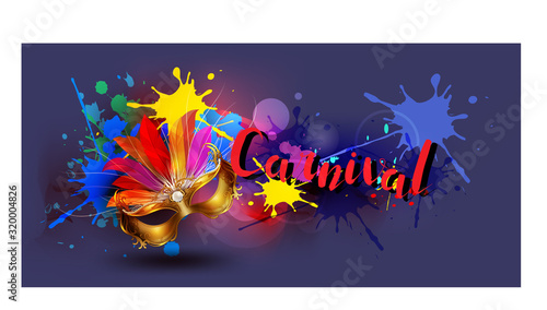 Carnival colorful party feather and text carnival,realistic masks, confetti, and splashes.Festival concept design 3d elements,Venice carnival poster
