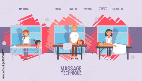 Massage salon website, healthcare center cartoon character vector illustration. Relaxing massage therapy procedure with professional masseur, landing page template. Flat style smiling people treatment