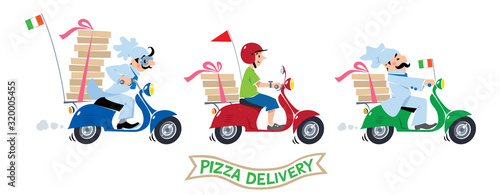 Funny pizza chef on scooter. Pizza delivery logo set