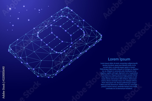 SIM card phone map from futuristic polygonal blue lines and glowing stars for banner, poster, greeting card. Vector illustration.