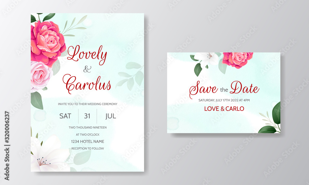 Beautiful Floral Wedding Invitation with Blooming Roses and Green Leaves