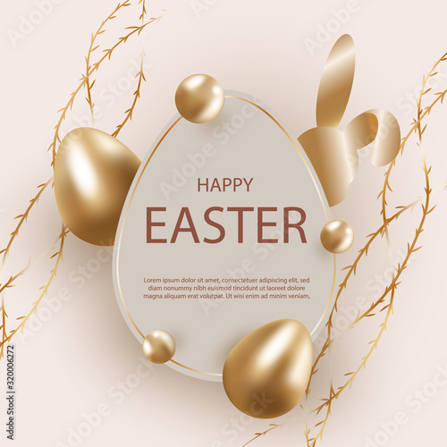 Golden easter egg with decorative elements illustration. Happy easter background, easter design. Copy space text area, vector.