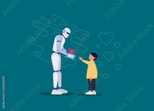 A kind robot gives a gift to a little boy. The friendship of a robot and a child. The concept of artificial intelligence. Vector
