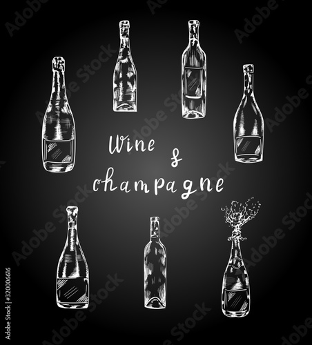 Wine, champagne chalk bottle and lettering isolated on black background. Concept for print, menu, cards 