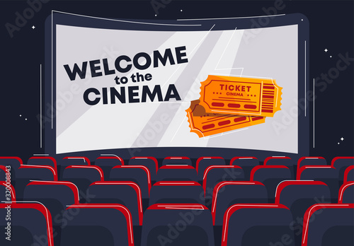 vector image of the cinema hall, chairs and screen for showing movies, rear view, the inscription on the screen welcome to the cinema, movie tickets