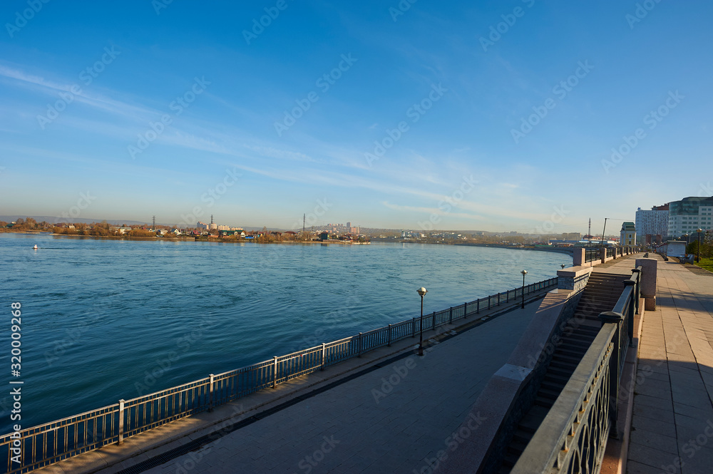 the city of Irkutsk, Irkutsk region, Russia. Lower embankment of the Angara River in the city of Irkutsk