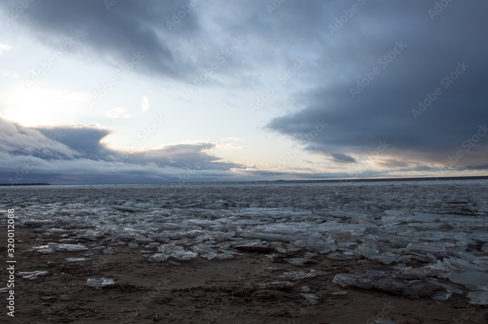 ice field beach on bay's coast 