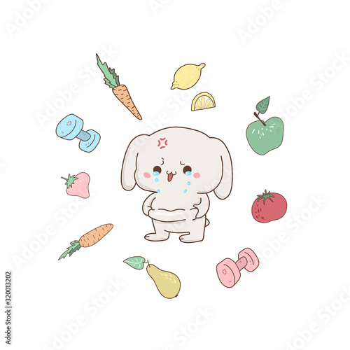 Cute bunny crying because fat, vector hand-drawn illustration in kawaii style. Excess weight . cartoon doodle for children's textiles, t-shirts or postcards.