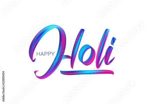 Hand drawn calligraphic brush stroke colorful paint lettering of Happy Holi