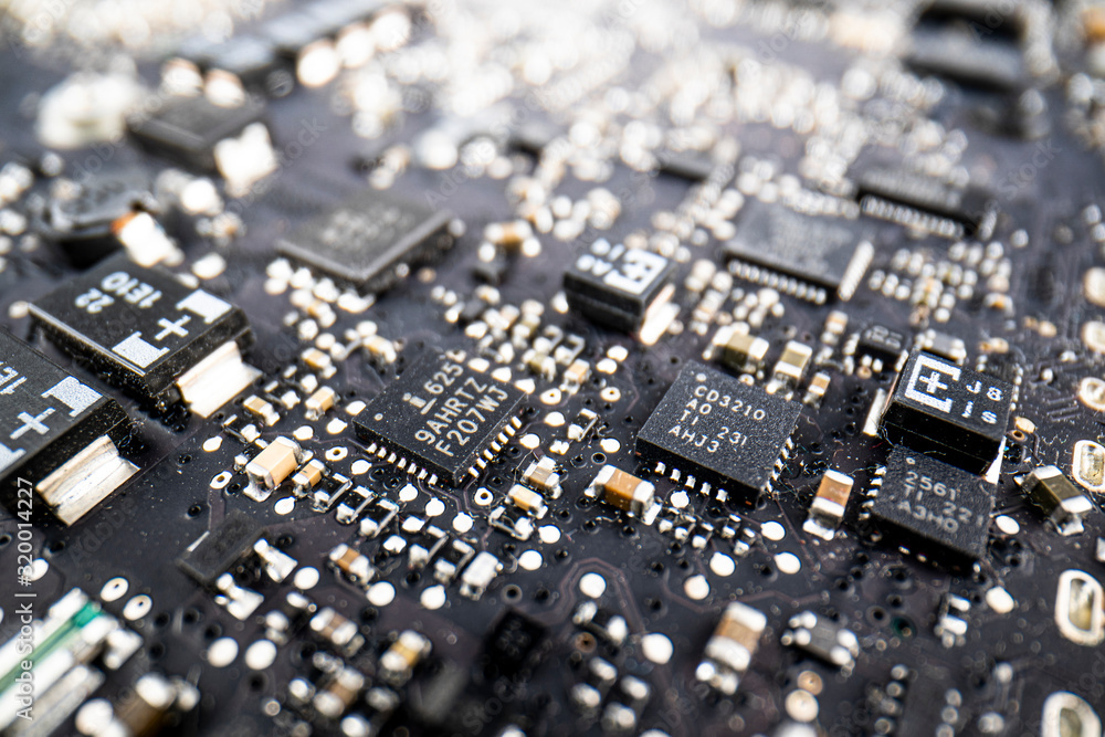 close-up of electronic circuit board with processor, Fragment of the electronic circuit - computer board with chips and components close-up of electronic circuit board with processor, Fragment of the electronic circuit - computer board with chips and components