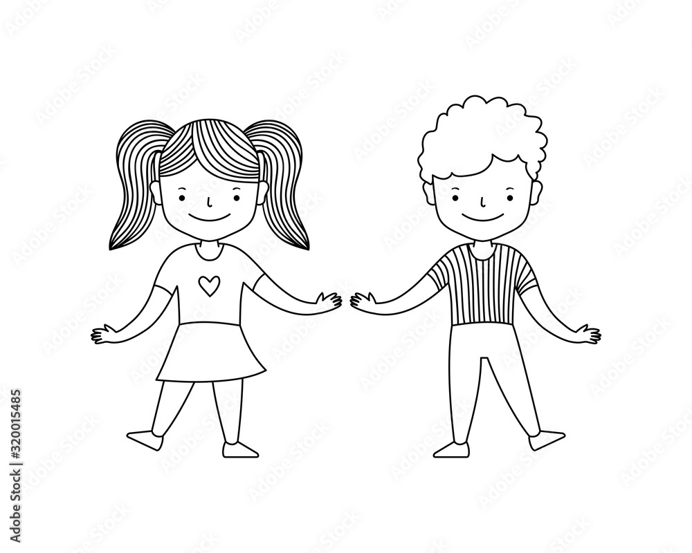 Cute happy children boy with girl dancing. Cartoon style. Black line on white background. Vector illustration Cute happy children boy with girl dancing. Cartoon style. Black line on white background. Vector illustration