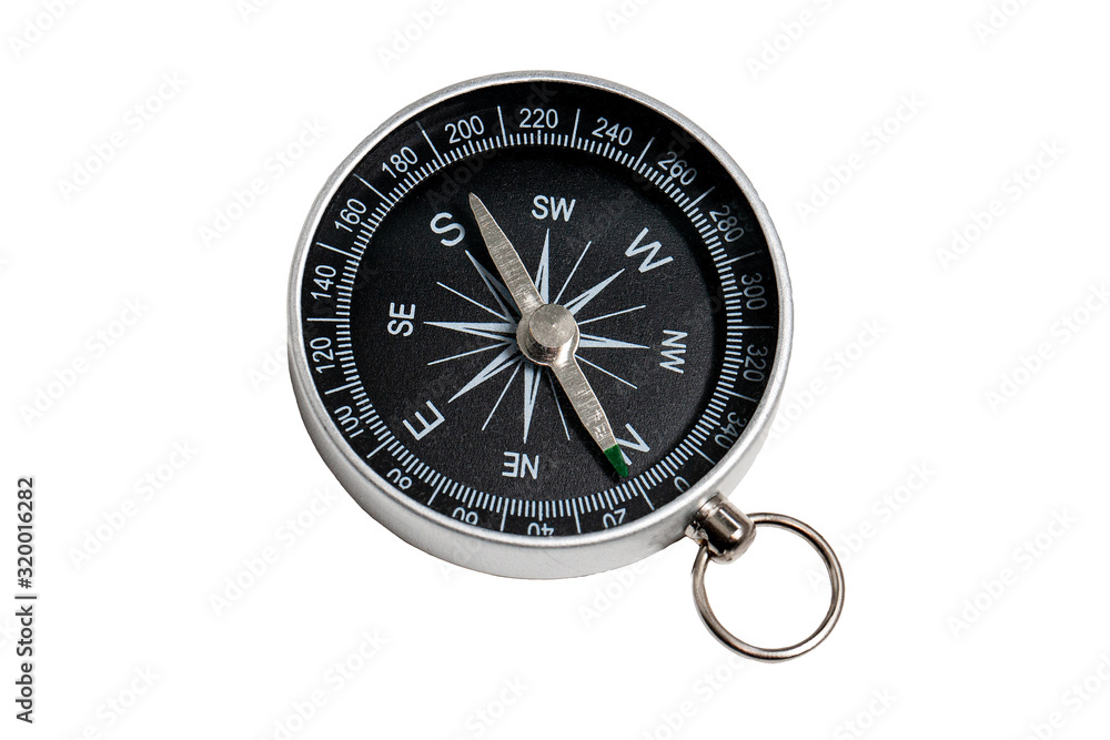 Compass with a black dial color isolate on a white background. Traditional navigation device indicating the cardinal points (north, south, east, and west). Compass with a black dial color isolate on a white background. Traditional navigation device indicating the cardinal points (north, south, east, and west).