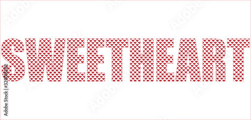 Fotografie The word SWEETHEART with a background of seamless pattern with red knitted heart isolated on white