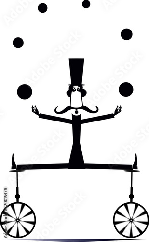 Equilibrist mustache man on two unicycles juggles the balls illustration. Funny long mustache man in the top hat balances on two unicycles and juggles the balls black on white illustration