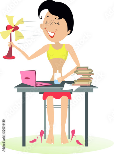 Heat in the office, woman, table fan and a bottle of water illustration. Woman in the office sits near the table holds a tabletop fan and a bottle of water and takes a delight from the fresh air 