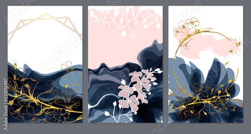 Set of card with flowers, leaves. Wedding dark blue and gold concept. Floral ...