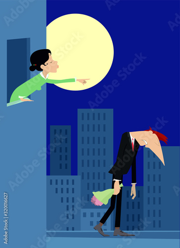 Quarrel between love couple illustration. Full moon and young woman points to go out the man with a bunch of flowers isolated on white