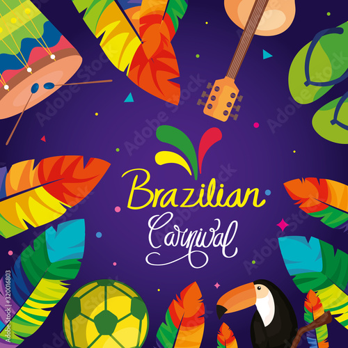 poster of brazilian carnival with frame of icons traditional