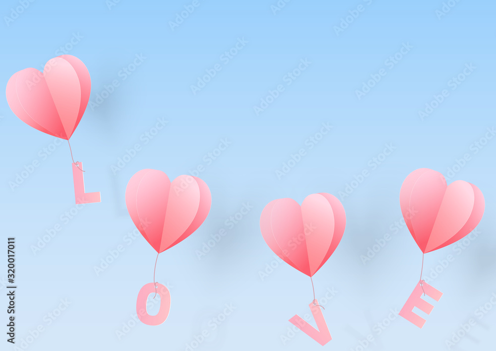 Pink paper hearts balloon flying with letter love on blue background, Valentine concept vector illustration