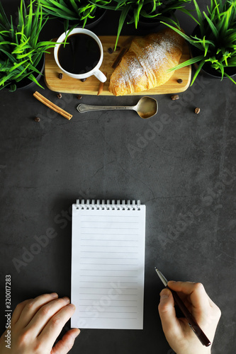 Fresh pastries on the table. French flavored croissant.